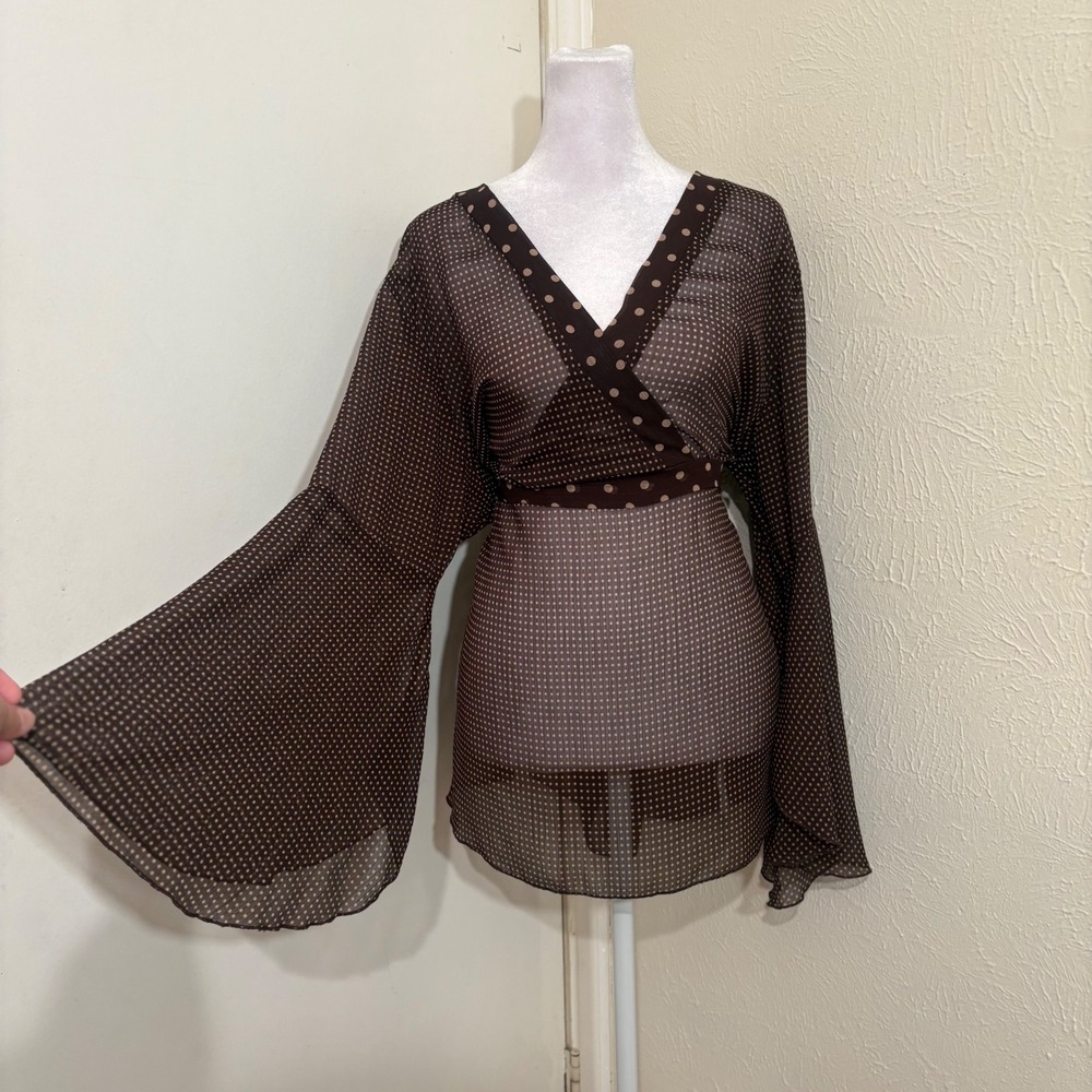 Sheer Chiffon Brown Polka Dot Wide Bell Sleeve V Neck Blouse Retro Boho Top 16